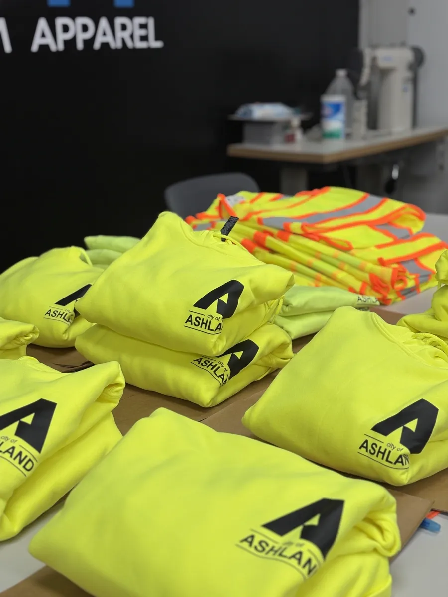 DTF decorated jobsite apparel for a uniforms and trades order